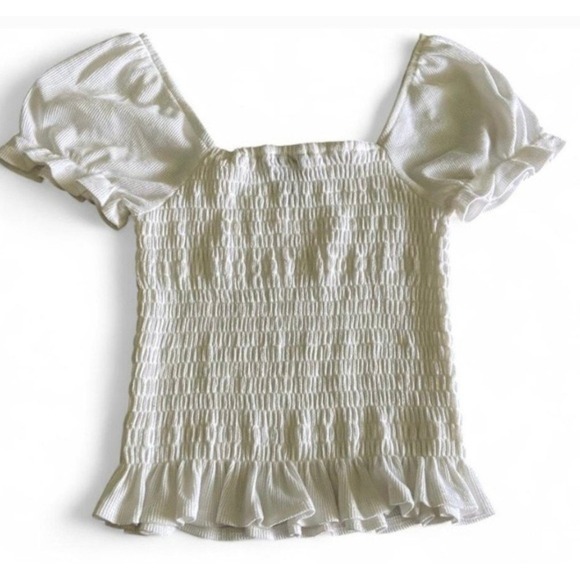 Aqua White Smocked Puff-Sleeve Waffle Knit Square Neck Ruffle Top Womens Size XS - Picture 3 of 4